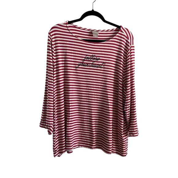 Chicos Women Sz 4 US XXL Raspberry Striped Follow Your Heart Embroidered T-Shirt - Picture 1 of 9